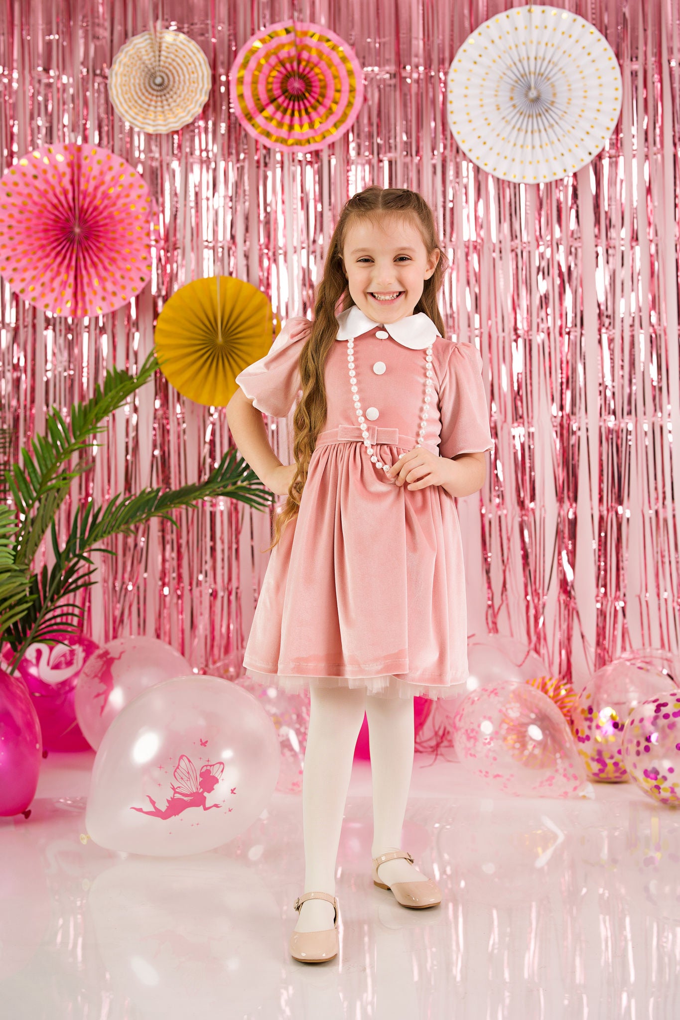 Rochie din catifea roz pentru fetite - Evelyn