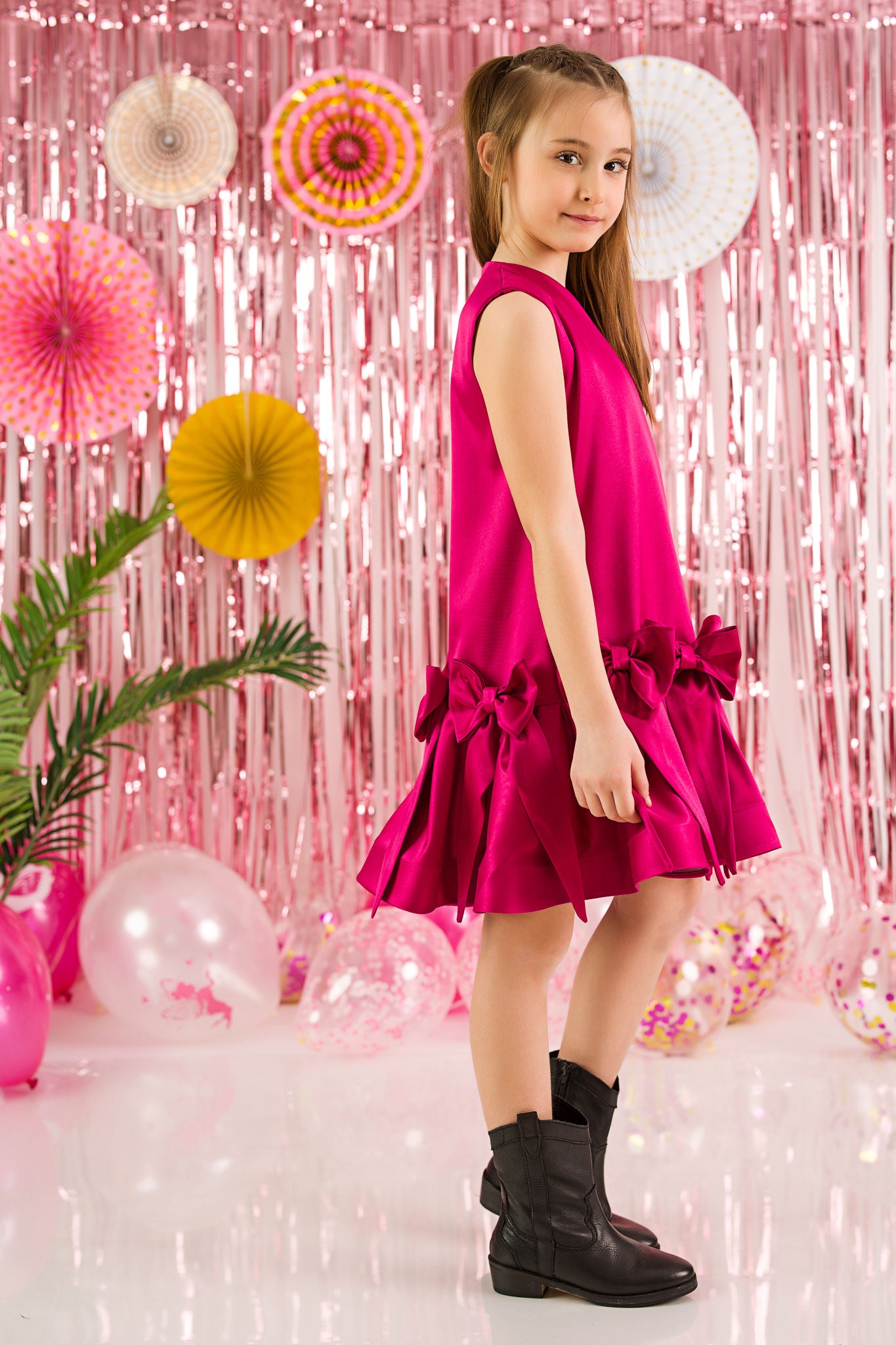Rochie din tafta fuchsia cu fundite pentru fete- Nova