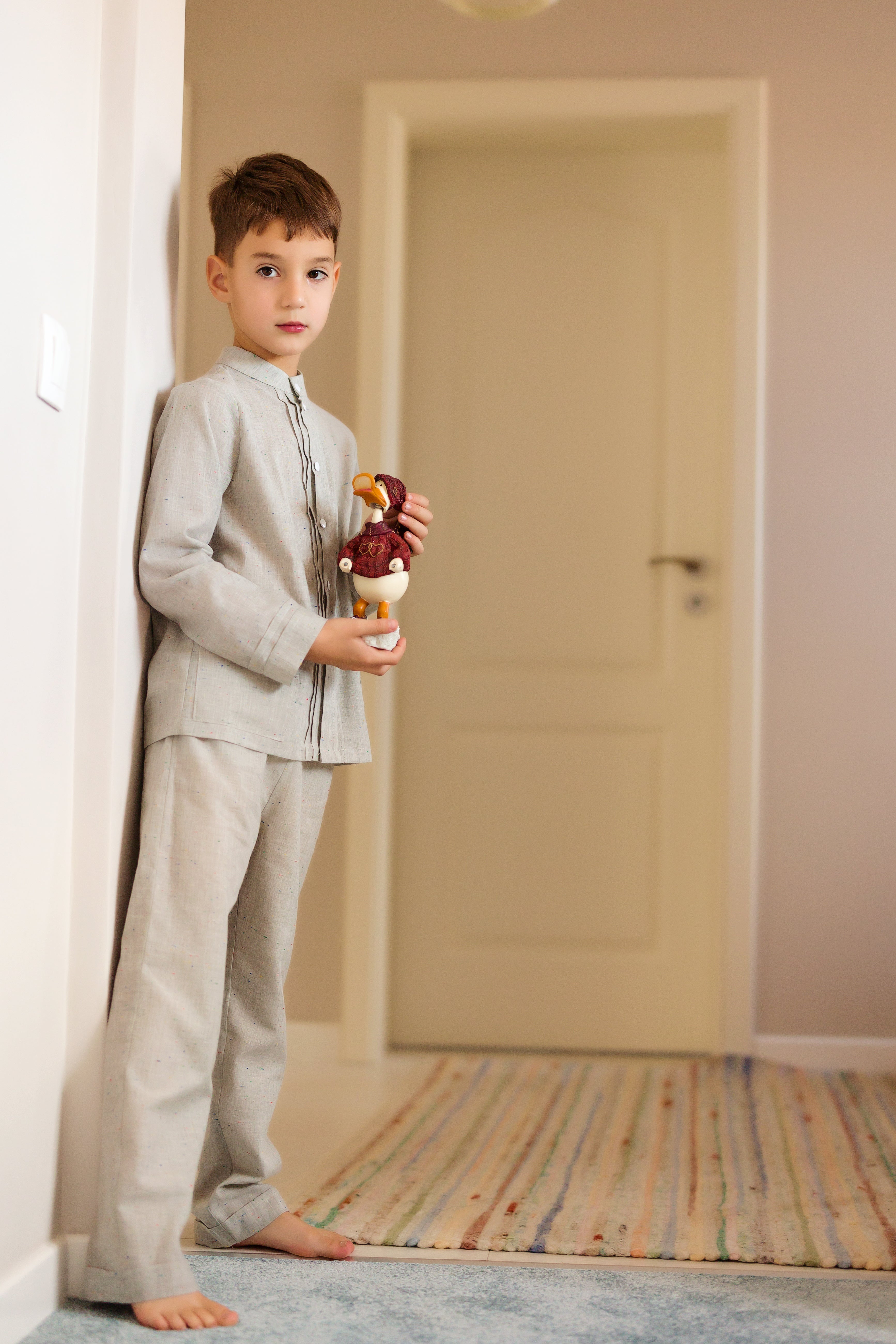 Pijama din in gri pentru băieți - personalizabilă